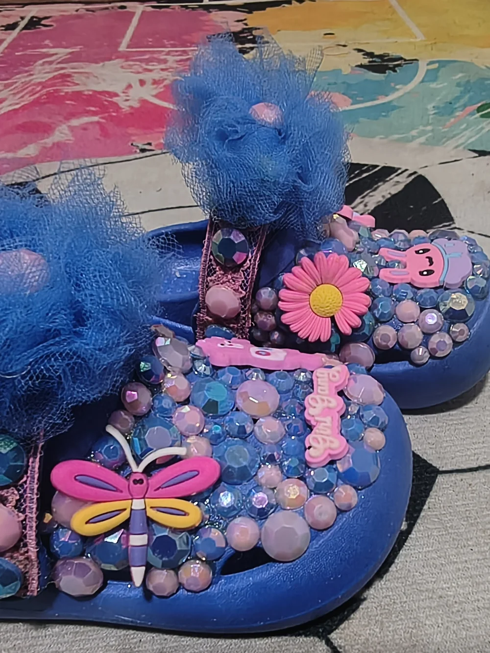 Blue Kids Clog Shoes with Pink Decorations - Girl Gang Toddler Size 7-8